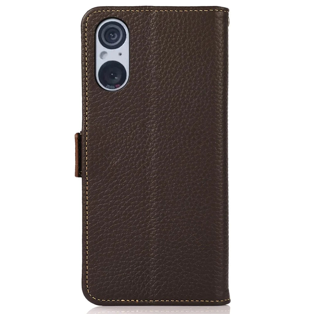 KHAZNEH For Sony Xperia 5 V RFID Blocking Genuine Cow Leather Wallet Cover Litchi Texture Phone Stand Case - Brown - 7
