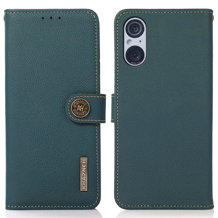 KHAZNEH Flip Case for Sony Xperia 5 V RFID Blocking Genuine Cow Leather Stand Wallet Phone Cover - Green - 1