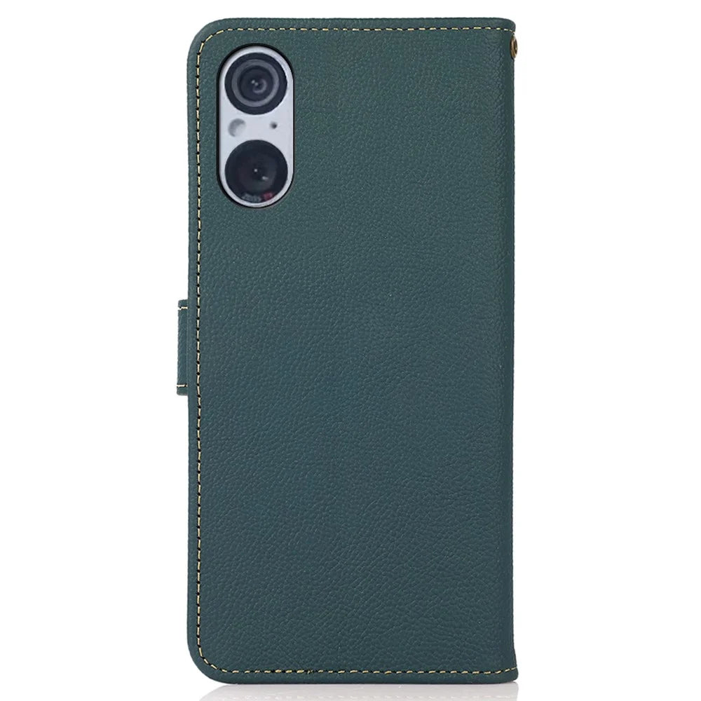 KHAZNEH Flip Case for Sony Xperia 5 V RFID Blocking Genuine Cow Leather Stand Wallet Phone Cover - Green - 7