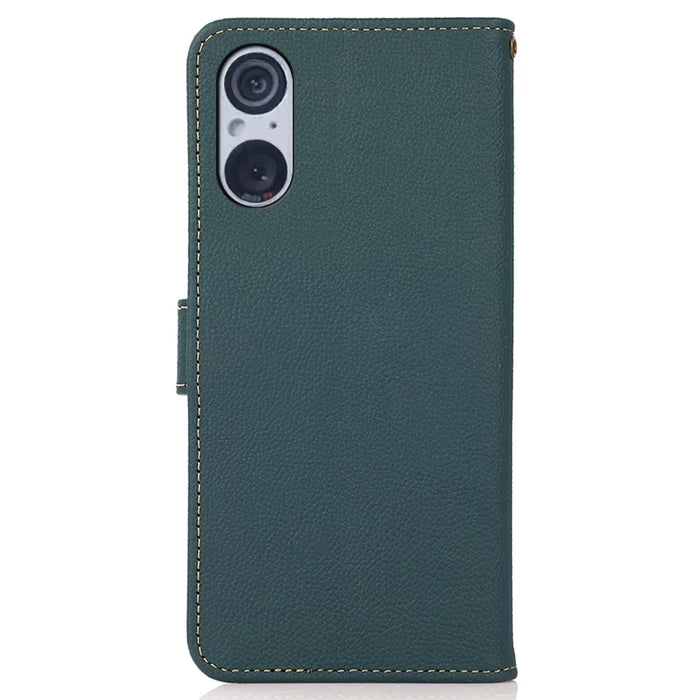 KHAZNEH Flip Case for Sony Xperia 5 V RFID Blocking Genuine Cow Leather Stand Wallet Phone Cover - Green - 7