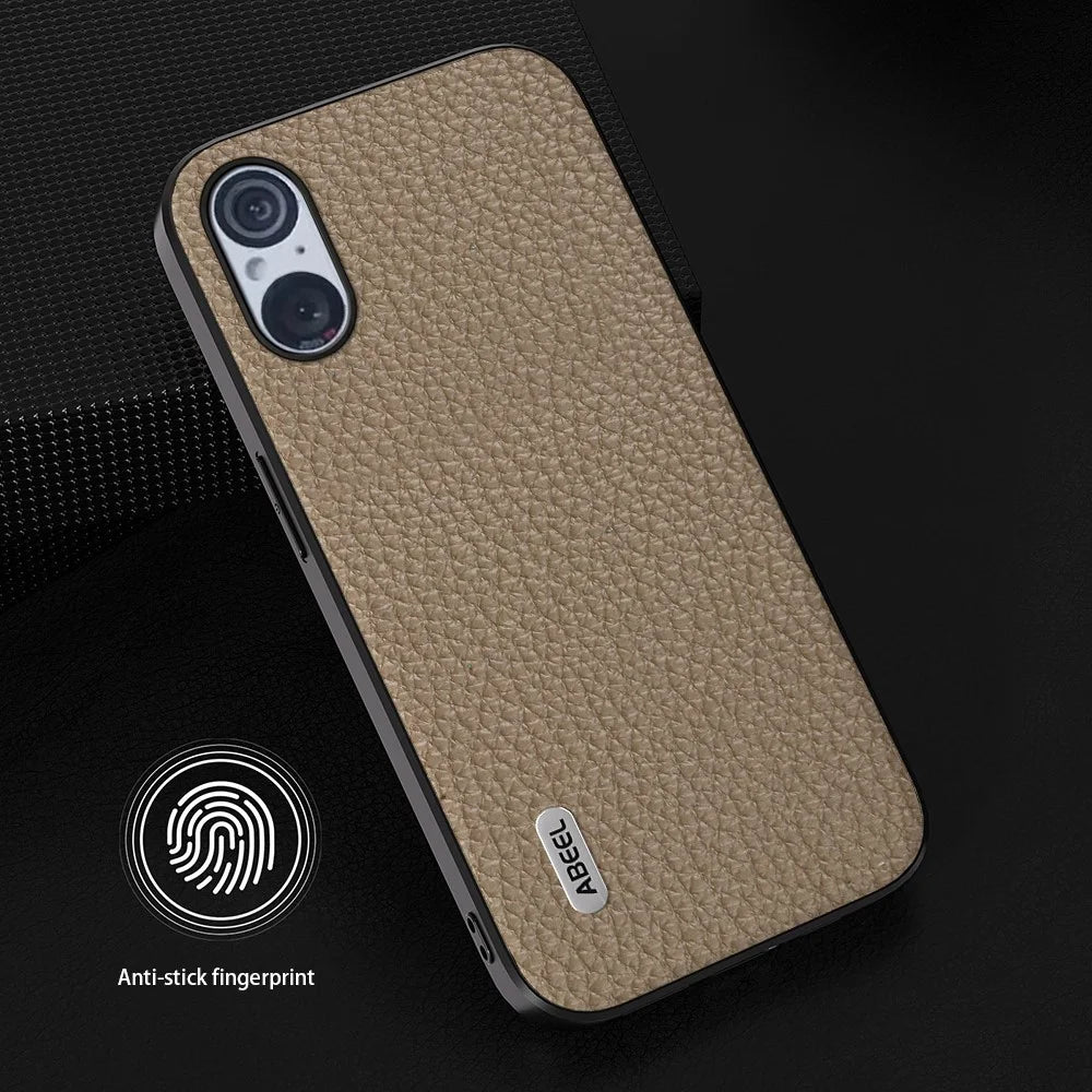 ABEEL For Sony Xperia 5 V Cowhide Leather Coated PC+TPU Phone Case Litchi Texture Phone Cover - Khaki - 2