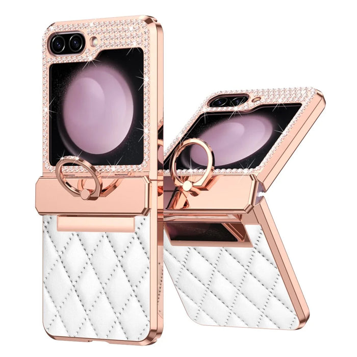 For Samsung Galaxy Z Flip5 5G Imprinted PU+PC Phone Case Rhinestone Decorated  Ring Kickstand Phone Cover - White - 1