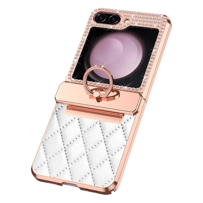 For Samsung Galaxy Z Flip5 5G Imprinted PU+PC Phone Case Rhinestone Decorated  Ring Kickstand Phone Cover - White - 2