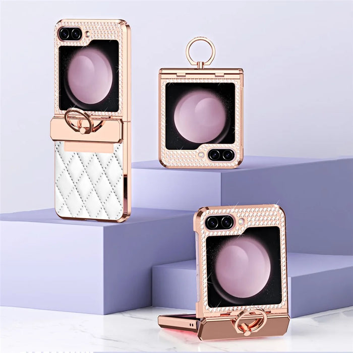 For Samsung Galaxy Z Flip5 5G Imprinted PU+PC Phone Case Rhinestone Decorated  Ring Kickstand Phone Cover - White - 3