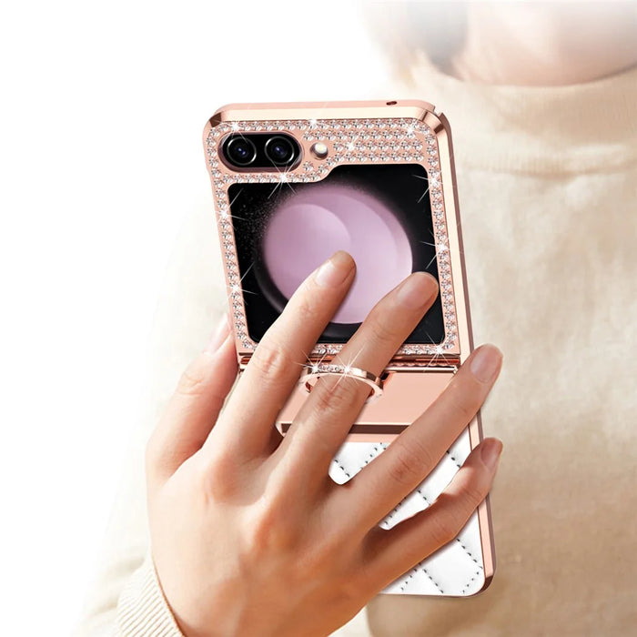 For Samsung Galaxy Z Flip5 5G Imprinted PU+PC Phone Case Rhinestone Decorated  Ring Kickstand Phone Cover - White - 5