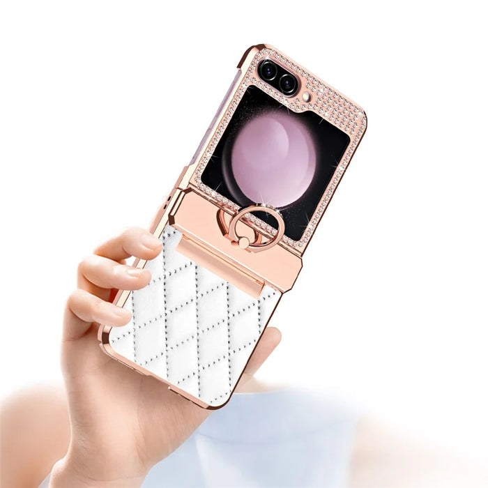 For Samsung Galaxy Z Flip5 5G Imprinted PU+PC Phone Case Rhinestone Decorated  Ring Kickstand Phone Cover - White - 6