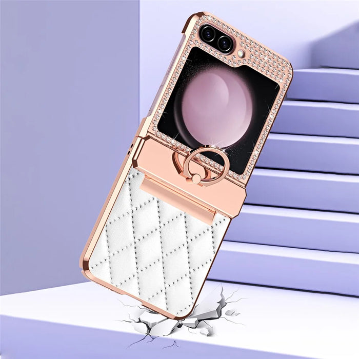 For Samsung Galaxy Z Flip5 5G Imprinted PU+PC Phone Case Rhinestone Decorated  Ring Kickstand Phone Cover - White - 7
