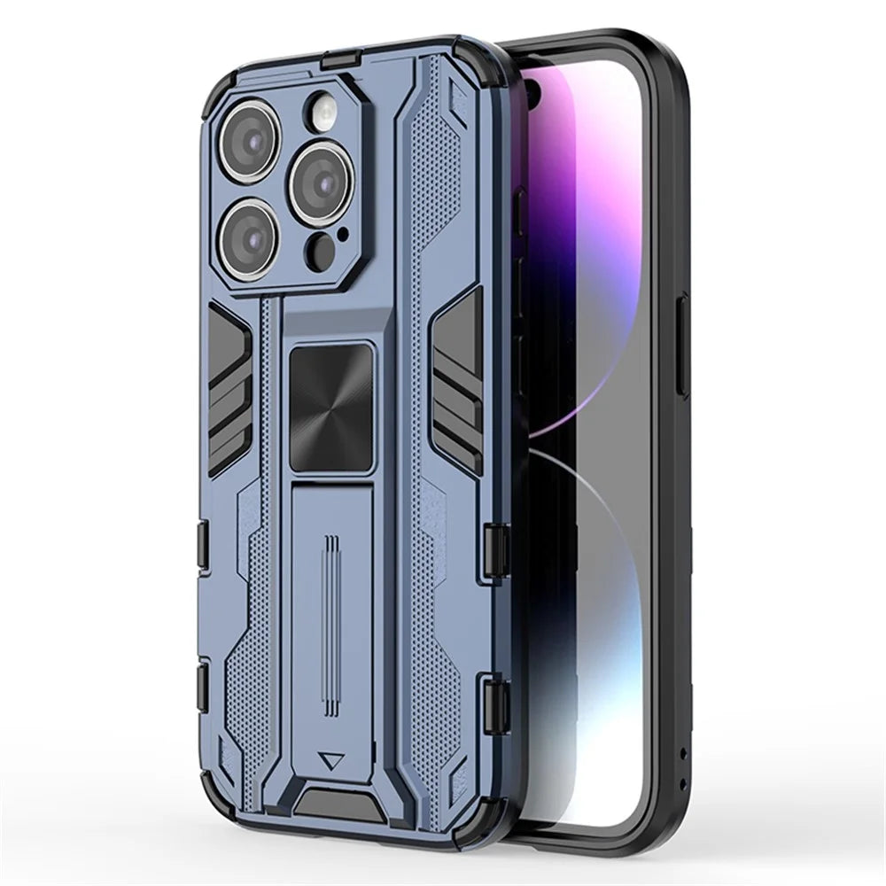 For iPhone 15 Pro Max Foldable Kickstand Anti-scratch Cover PC+TPU Shockproof Phone Case - Blue - 1