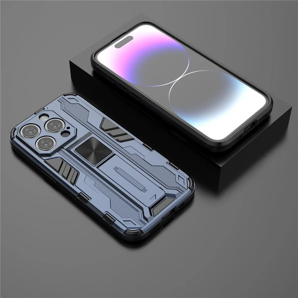 For iPhone 15 Pro Max Foldable Kickstand Anti-scratch Cover PC+TPU Shockproof Phone Case - Blue - 4