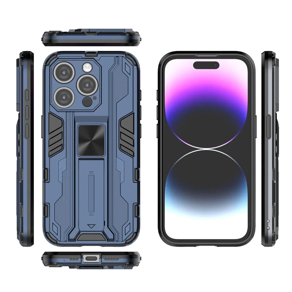 For iPhone 15 Pro Max Foldable Kickstand Anti-scratch Cover PC+TPU Shockproof Phone Case - Blue - 6