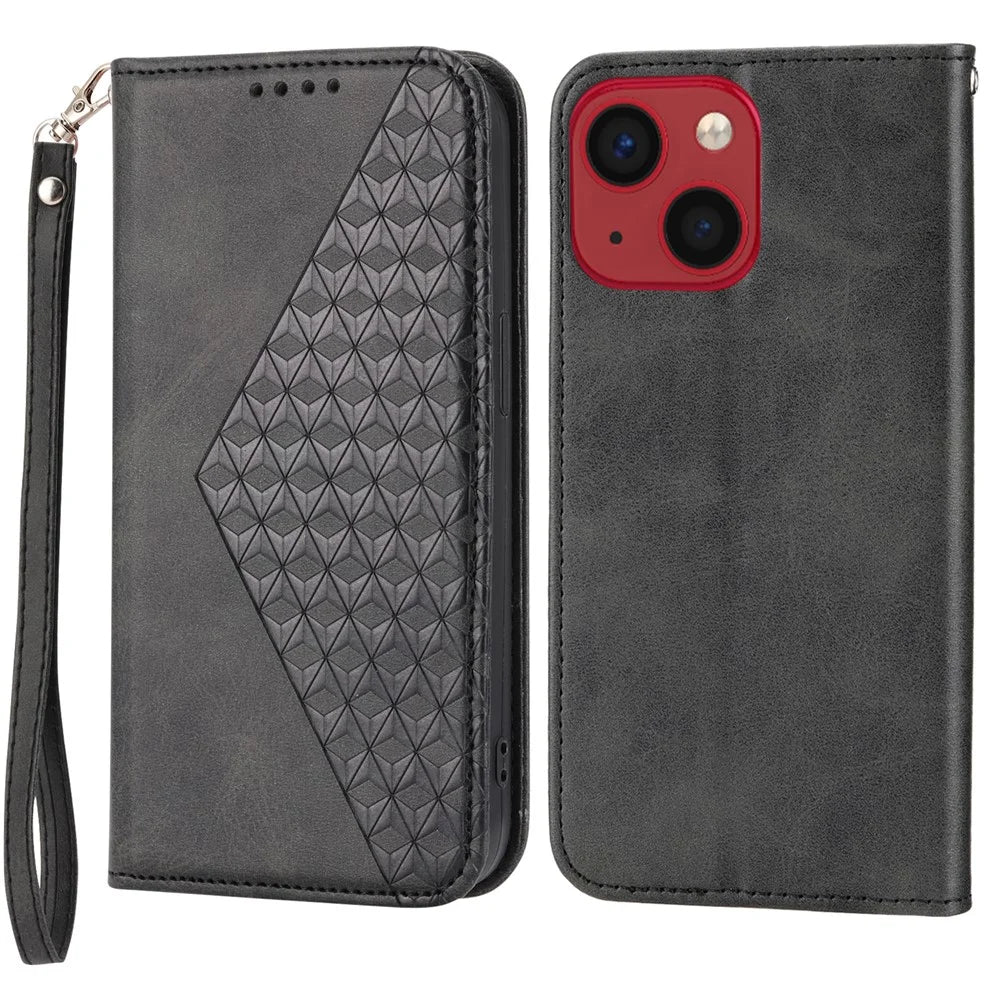 For iPhone 15 PU Leather Phone Case Imprinted Rhombus Pattern Wallet Stand Shockproof Cover - Black - 1