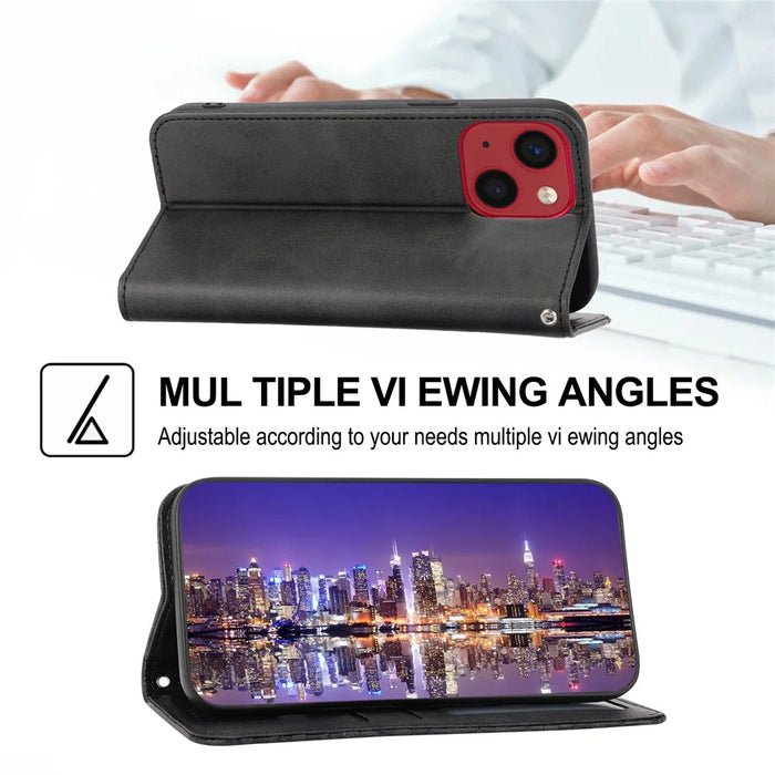 For iPhone 15 PU Leather Phone Case Imprinted Rhombus Pattern Wallet Stand Shockproof Cover - Black - 4