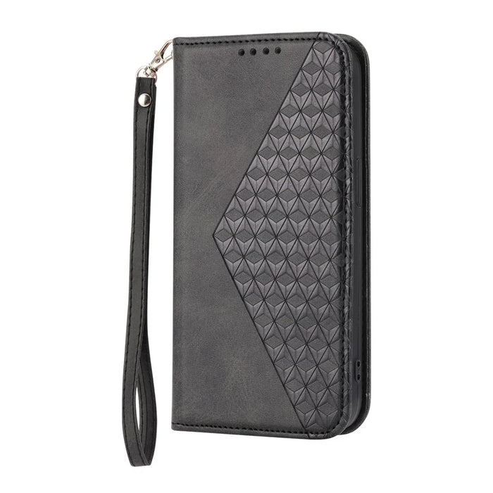 For iPhone 15 PU Leather Phone Case Imprinted Rhombus Pattern Wallet Stand Shockproof Cover - Black - 7
