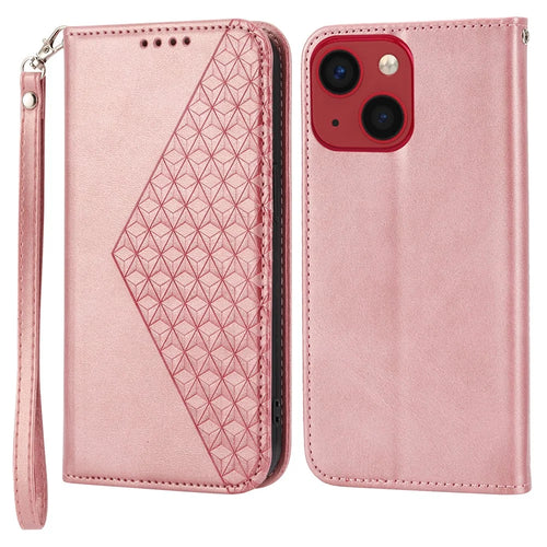 For iPhone 15 Plus PU Leather Phone Case Anti-scratch Imprinted Rhombus Pattern Wallet Stand Cover - Rose Gold - 1