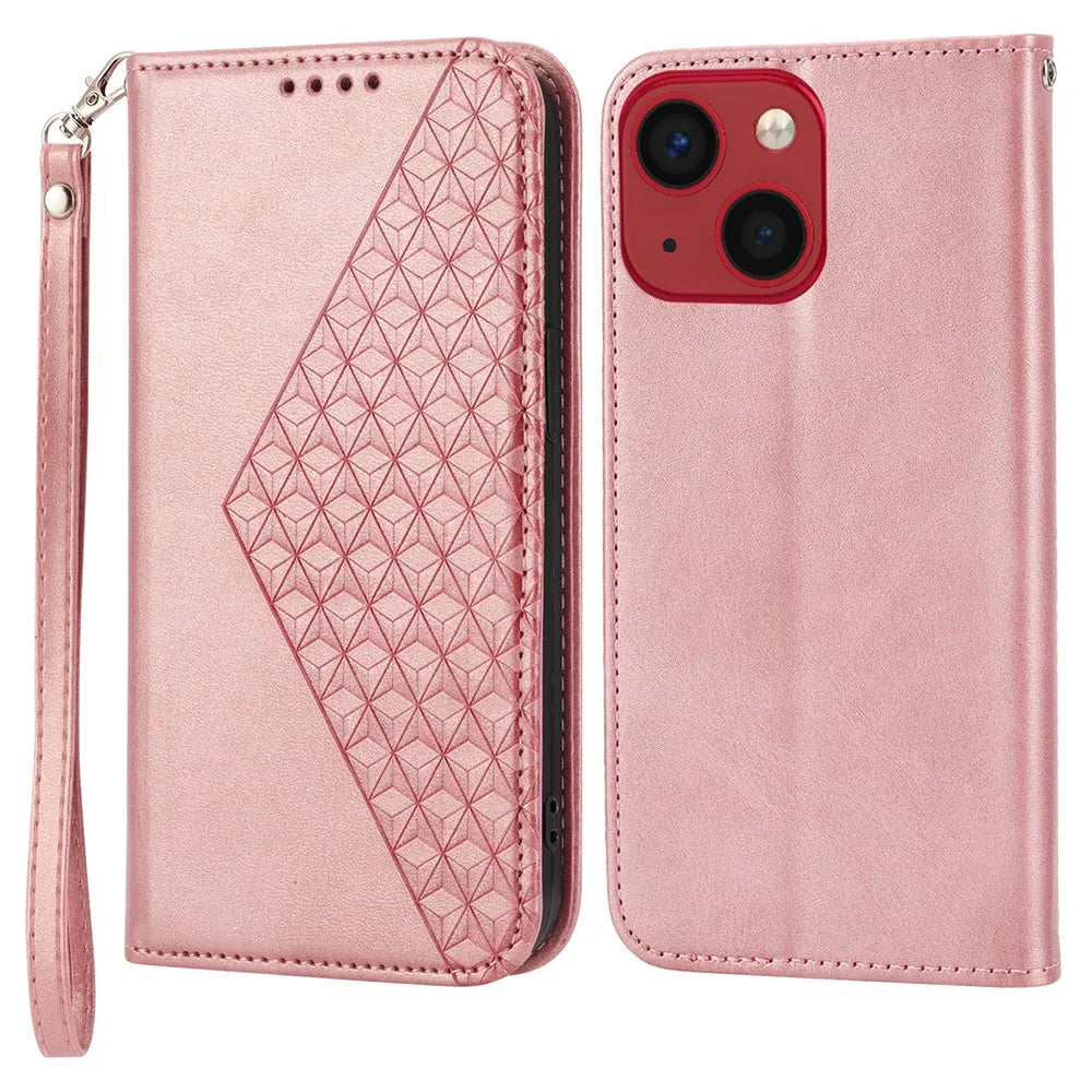 For iPhone 15 Plus PU Leather Phone Case Anti-scratch Imprinted Rhombus Pattern Wallet Stand Cover - Rose Gold - 1