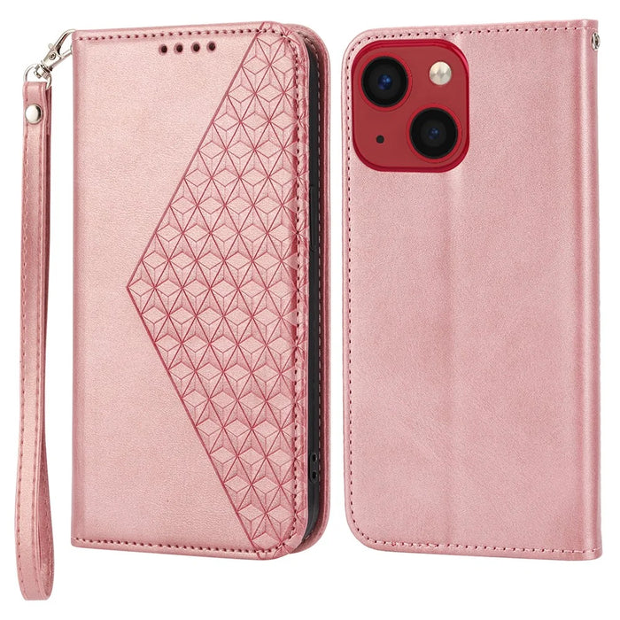 For iPhone 15 Plus PU Leather Phone Case Anti-scratch Imprinted Rhombus Pattern Wallet Stand Cover - Rose Gold - 1