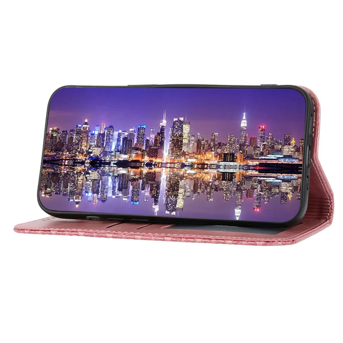 For iPhone 15 Plus PU Leather Phone Case Anti-scratch Imprinted Rhombus Pattern Wallet Stand Cover - Rose Gold - 3