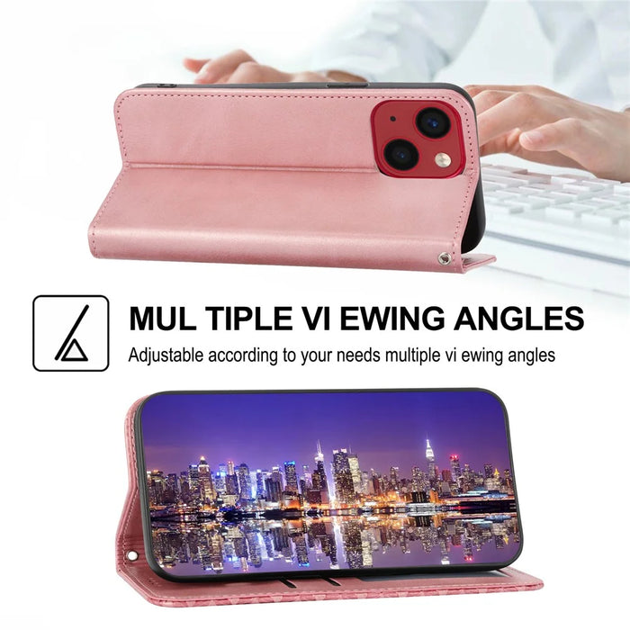 For iPhone 15 Plus PU Leather Phone Case Anti-scratch Imprinted Rhombus Pattern Wallet Stand Cover - Rose Gold - 4