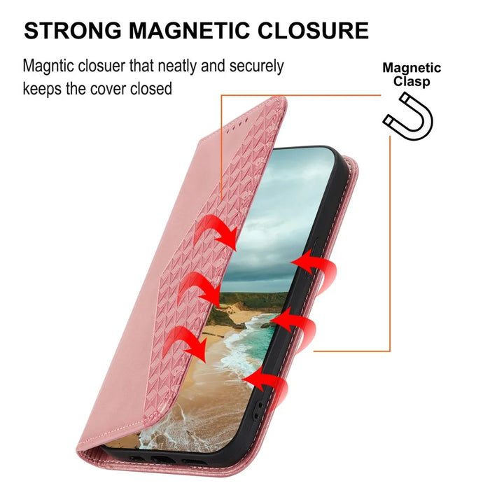 For iPhone 15 Plus PU Leather Phone Case Anti-scratch Imprinted Rhombus Pattern Wallet Stand Cover - Rose Gold - 5