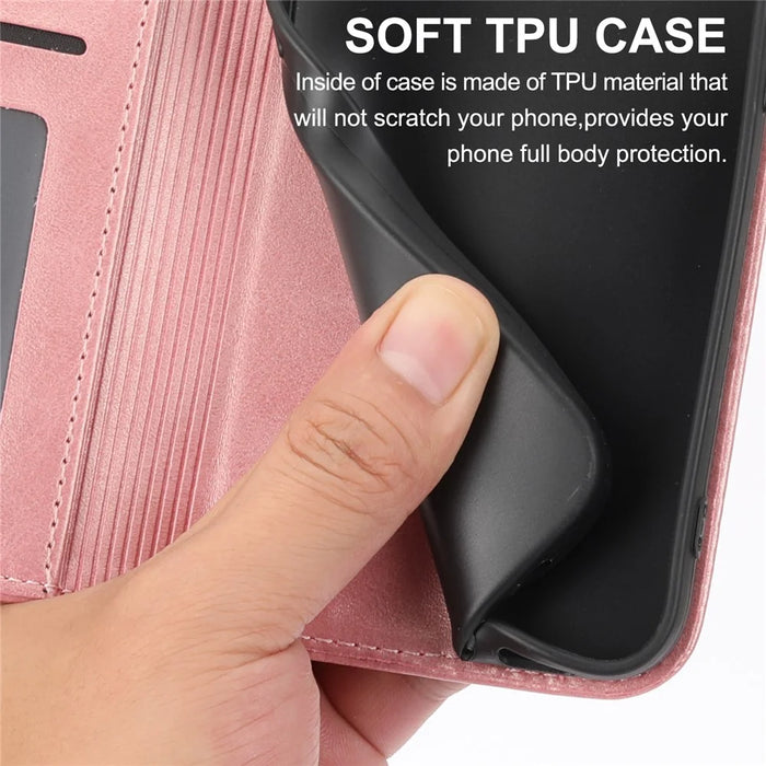 For iPhone 15 Plus PU Leather Phone Case Anti-scratch Imprinted Rhombus Pattern Wallet Stand Cover - Rose Gold - 6