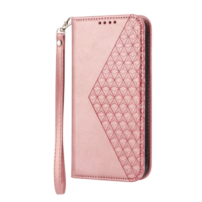 For iPhone 15 Plus PU Leather Phone Case Anti-scratch Imprinted Rhombus Pattern Wallet Stand Cover - Rose Gold - 7