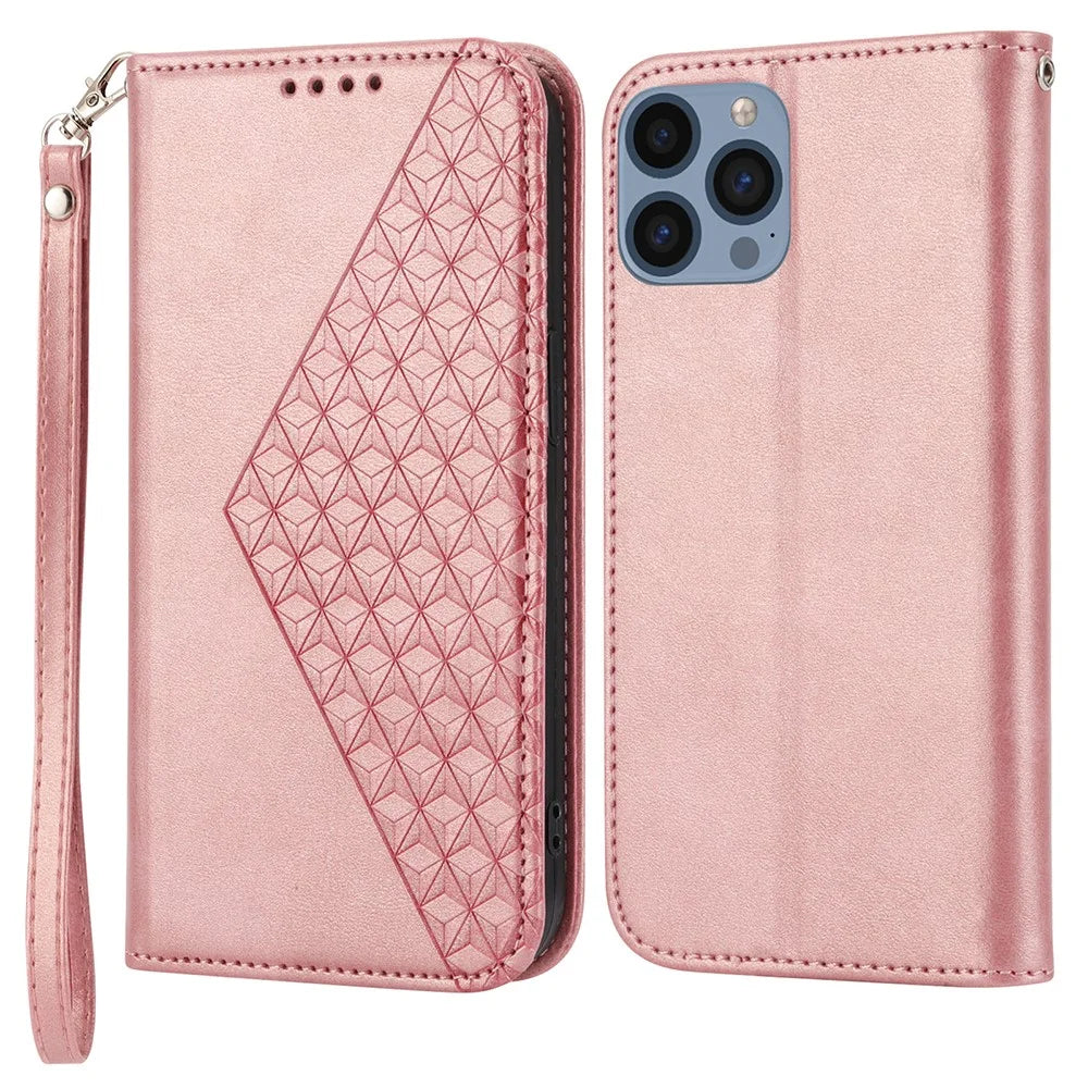 For iPhone 15 Pro PU Leather Phone Case Imprinted Rhombus Pattern Viewing Stand Wallet Cover - Rose Gold - 1