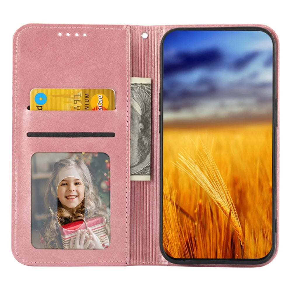 For iPhone 15 Pro PU Leather Phone Case Imprinted Rhombus Pattern Viewing Stand Wallet Cover - Rose Gold - 2