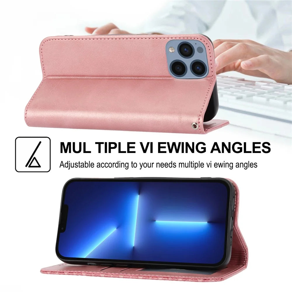 For iPhone 15 Pro PU Leather Phone Case Imprinted Rhombus Pattern Viewing Stand Wallet Cover - Rose Gold - 4