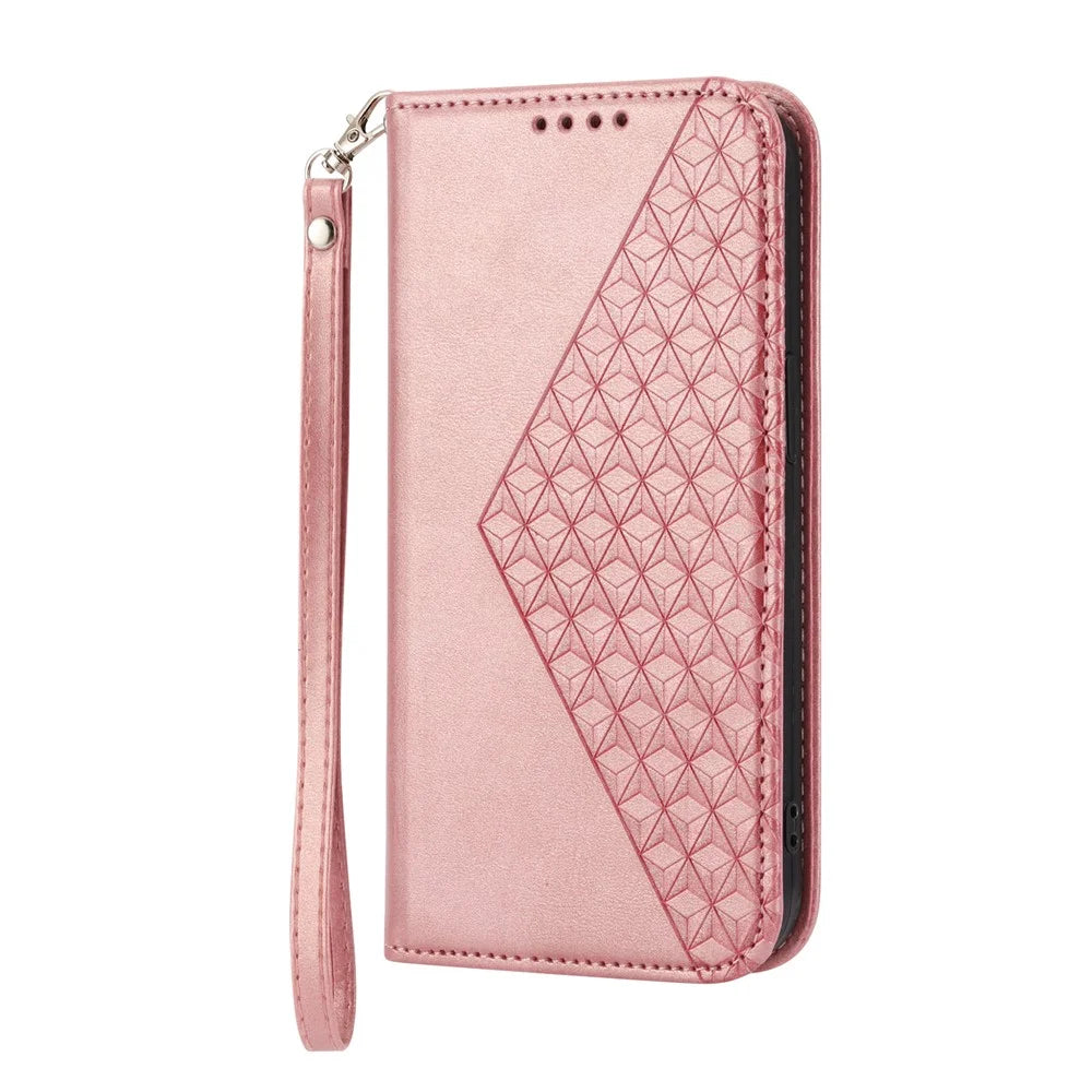 For iPhone 15 Pro PU Leather Phone Case Imprinted Rhombus Pattern Viewing Stand Wallet Cover - Rose Gold - 7