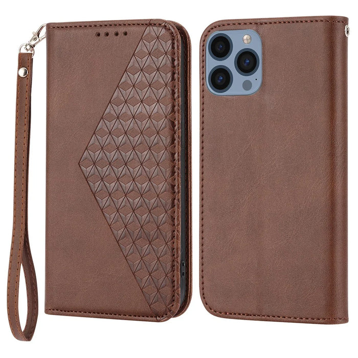 For iPhone 15 Pro Max Fall Proof PU Leather Phone Case Imprinted Rhombus Pattern Stand Wallet Cover - Brown - 1