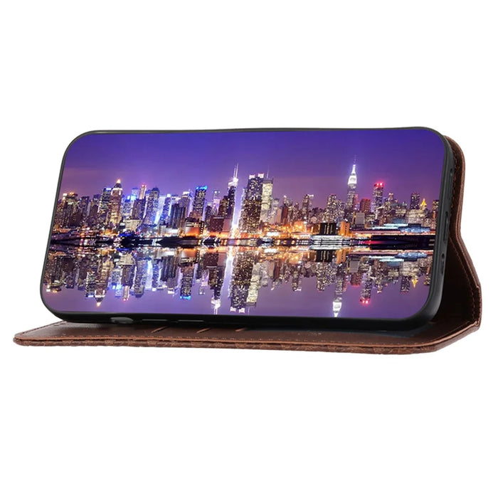 For iPhone 15 Pro Max Fall Proof PU Leather Phone Case Imprinted Rhombus Pattern Stand Wallet Cover - Brown - 3