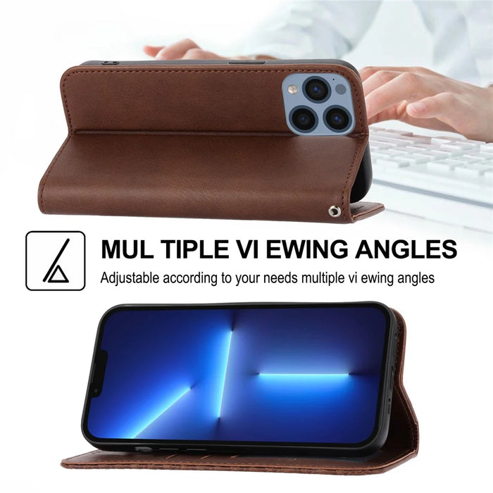 For iPhone 15 Pro Max Fall Proof PU Leather Phone Case Imprinted Rhombus Pattern Stand Wallet Cover - Brown - 4