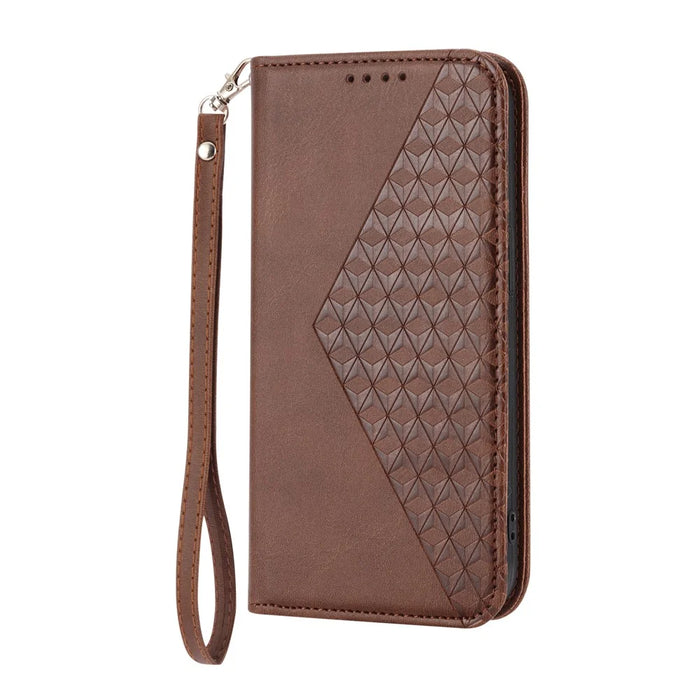 For iPhone 15 Pro Max Fall Proof PU Leather Phone Case Imprinted Rhombus Pattern Stand Wallet Cover - Brown - 7