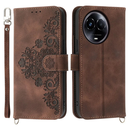For Realme 11x 5G / 11 5G (Global) Stand Wallet Phone Case PU Leather Imprinted Flower Skin-touch Cover - Brown - 1