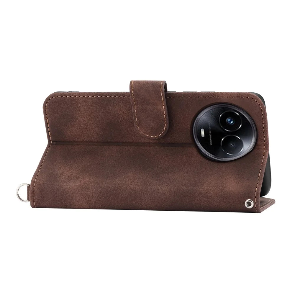 For Realme 11x 5G / 11 5G (Global) Stand Wallet Phone Case PU Leather Imprinted Flower Skin-touch Cover - Brown - 3