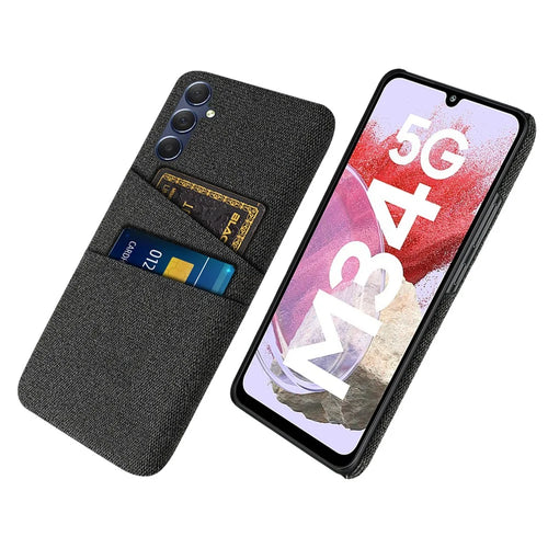 For Samsung Galaxy M34 5G / F34 5G Phone Cover Hard PC+Cloth Phone Case with Dual Card Holder - Black - 1