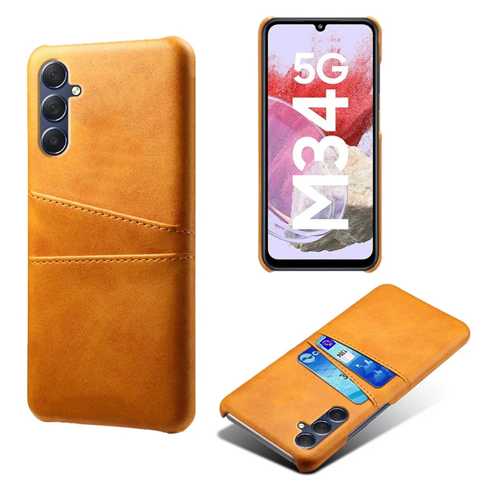 For Samsung Galaxy M34 5G / F34 5G Cell Phone Cover PU Leather Coated PC Protective Case with Dual Card Slots - Orange - 1