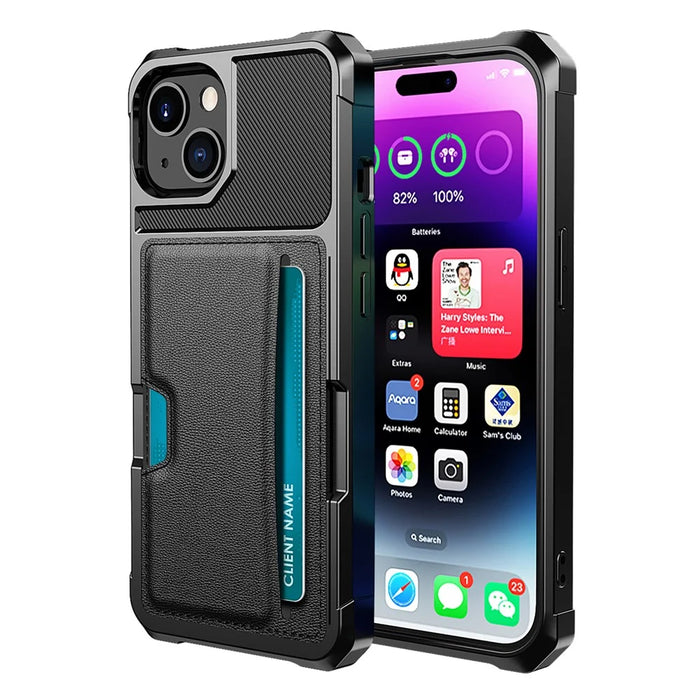 Phone Shell for iPhone 15 , ZM02 Four Corners Anti-drop PU Leather Coated TPU Card Holder Back Case - 1