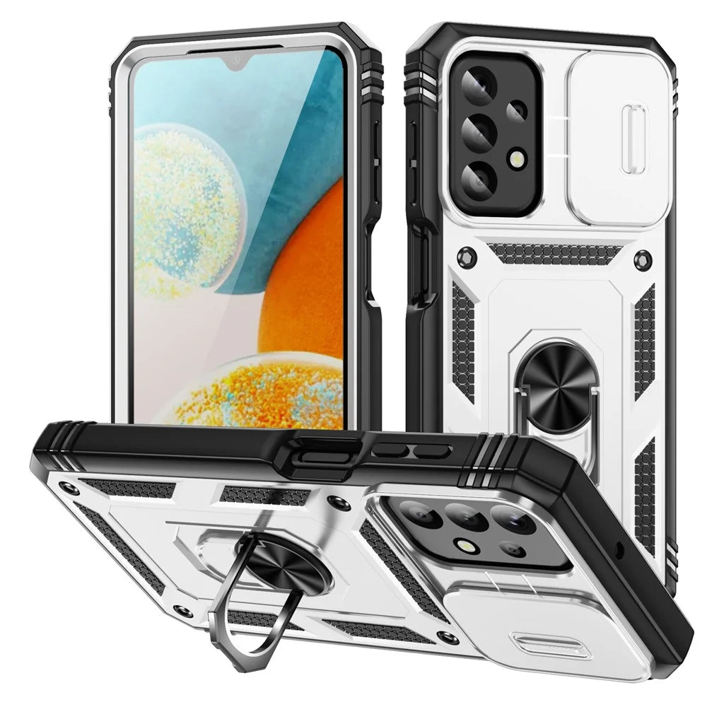 For Samsung Galaxy A23 4G / 5G (Global Version) PC+TPU Kickstand Case Phone Shell with Sliding Camera Cover - White+Black - 1