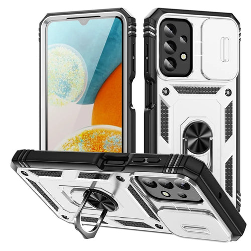 For Samsung Galaxy A23 4G / 5G (Global Version) PC+TPU Kickstand Case Phone Shell with Sliding Camera Cover - White+Black - 1
