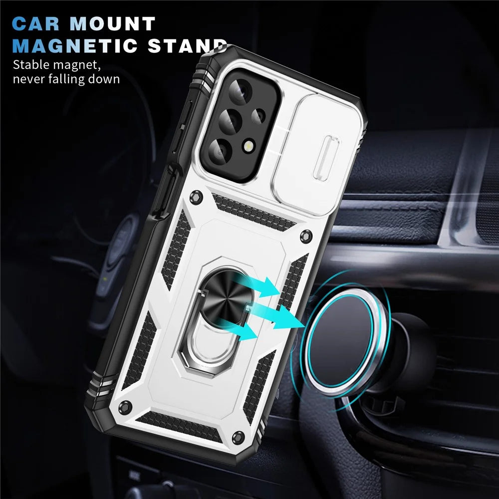 For Samsung Galaxy A23 4G / 5G (Global Version) PC+TPU Kickstand Case Phone Shell with Sliding Camera Cover - White+Black - 4