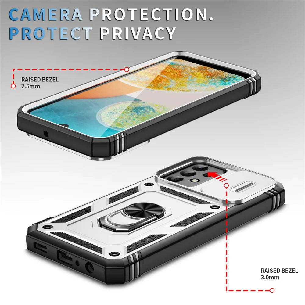 For Samsung Galaxy A23 4G / 5G (Global Version) PC+TPU Kickstand Case Phone Shell with Sliding Camera Cover - White+Black - 5