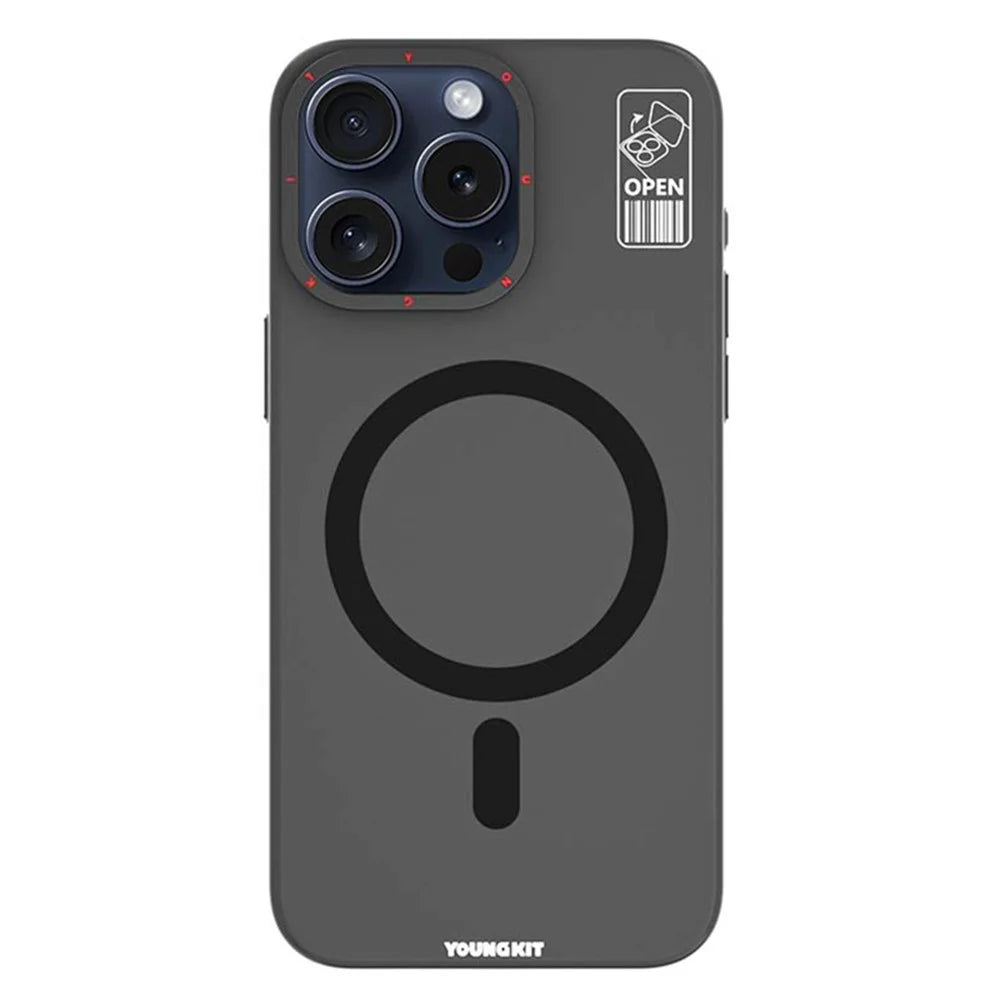 YOUNGKIT PC + TPU Phone Case for iPhone 15 Pro Kickstand Matte Anti-fingerprint Cover Compatible with MagSafe - Grey - 1