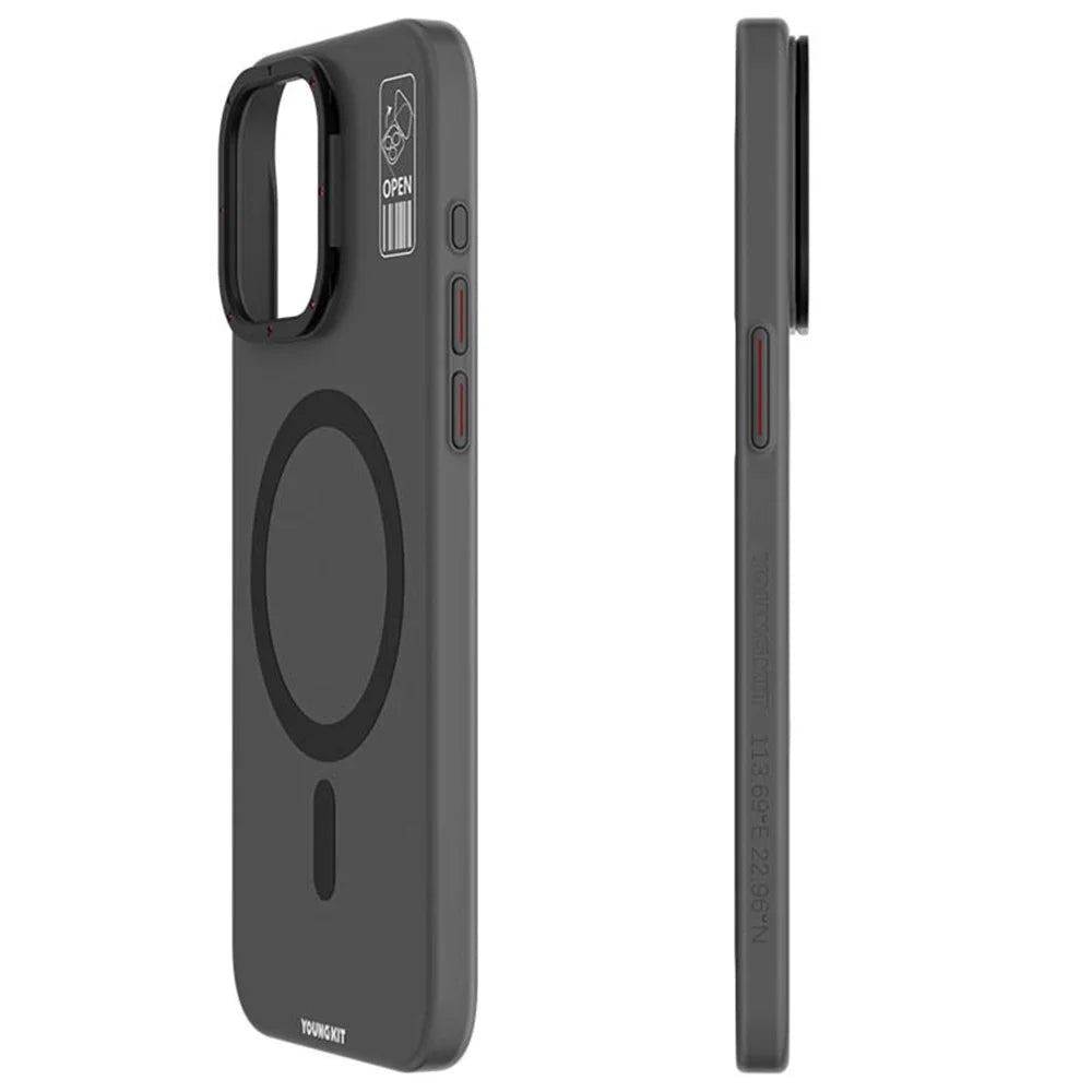 YOUNGKIT PC + TPU Phone Case for iPhone 15 Pro Kickstand Matte Anti-fingerprint Cover Compatible with MagSafe - Grey - 2