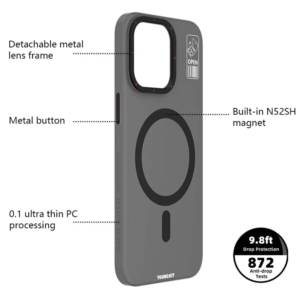 YOUNGKIT PC + TPU Phone Case for iPhone 15 Pro Kickstand Matte Anti-fingerprint Cover Compatible with MagSafe - Grey - 3