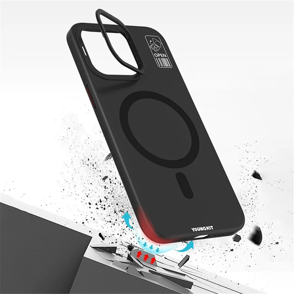 YOUNGKIT PC + TPU Phone Case for iPhone 15 Pro Kickstand Matte Anti-fingerprint Cover Compatible with MagSafe - Grey - 5