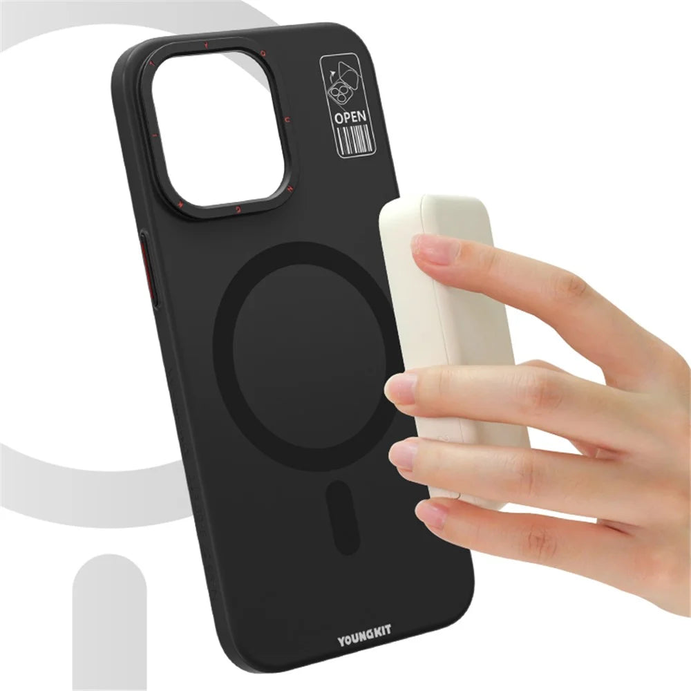 YOUNGKIT PC + TPU Phone Case for iPhone 15 Pro Kickstand Matte Anti-fingerprint Cover Compatible with MagSafe - Grey - 6