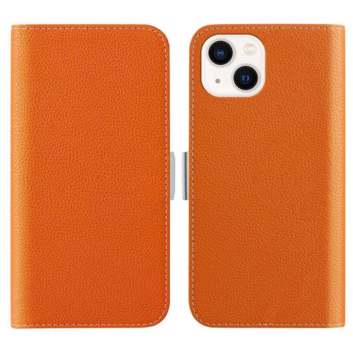 For iPhone 15 Fully Wrapped Phone Case Stand Wallet Litchi Texture Candy Color PU Leather Cover - Orange - 1