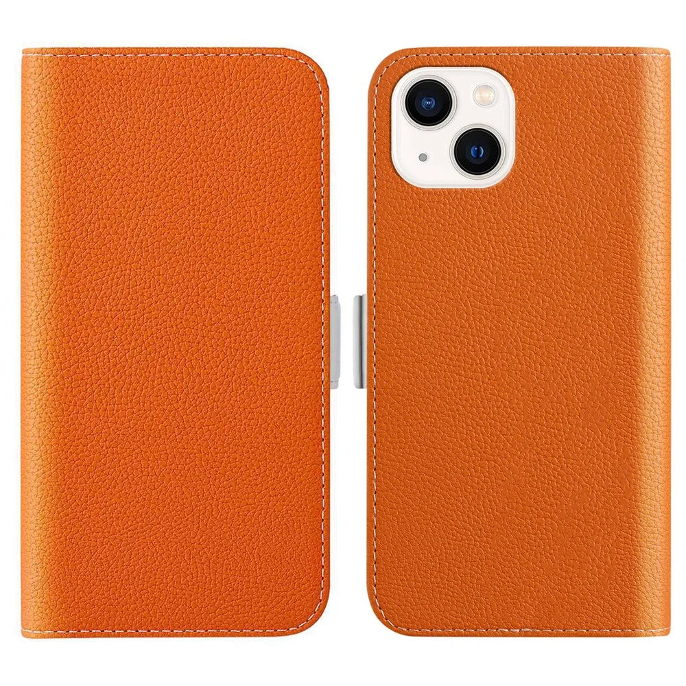 Phone Case for iPhone 15 Plus , Stand Wallet Litchi Texture Candy Color PU Leather Flip Cover - Orange - 1