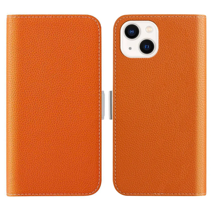Phone Case for iPhone 15 Plus , Stand Wallet Litchi Texture Candy Color PU Leather Flip Cover - Orange - 1